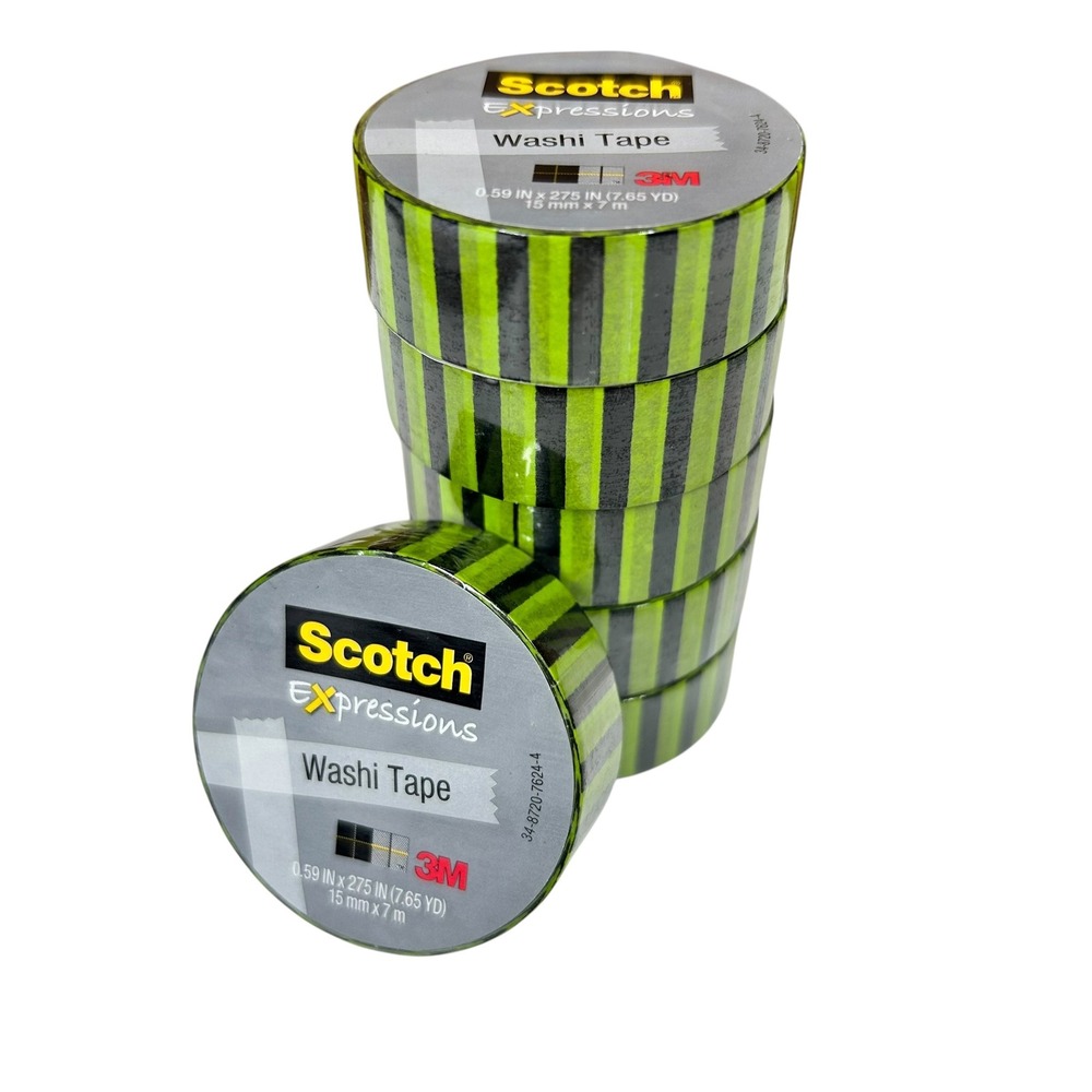 Lot 6 Scotch Expressions Washi Tape Green Black Striped 0.59in x 275in 3M Tape